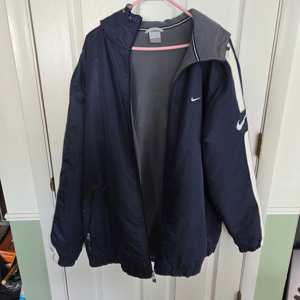 Nike 90s VTG XL Navy Fleece Lined Hooded Windbreaker Heavyweight Jacket White